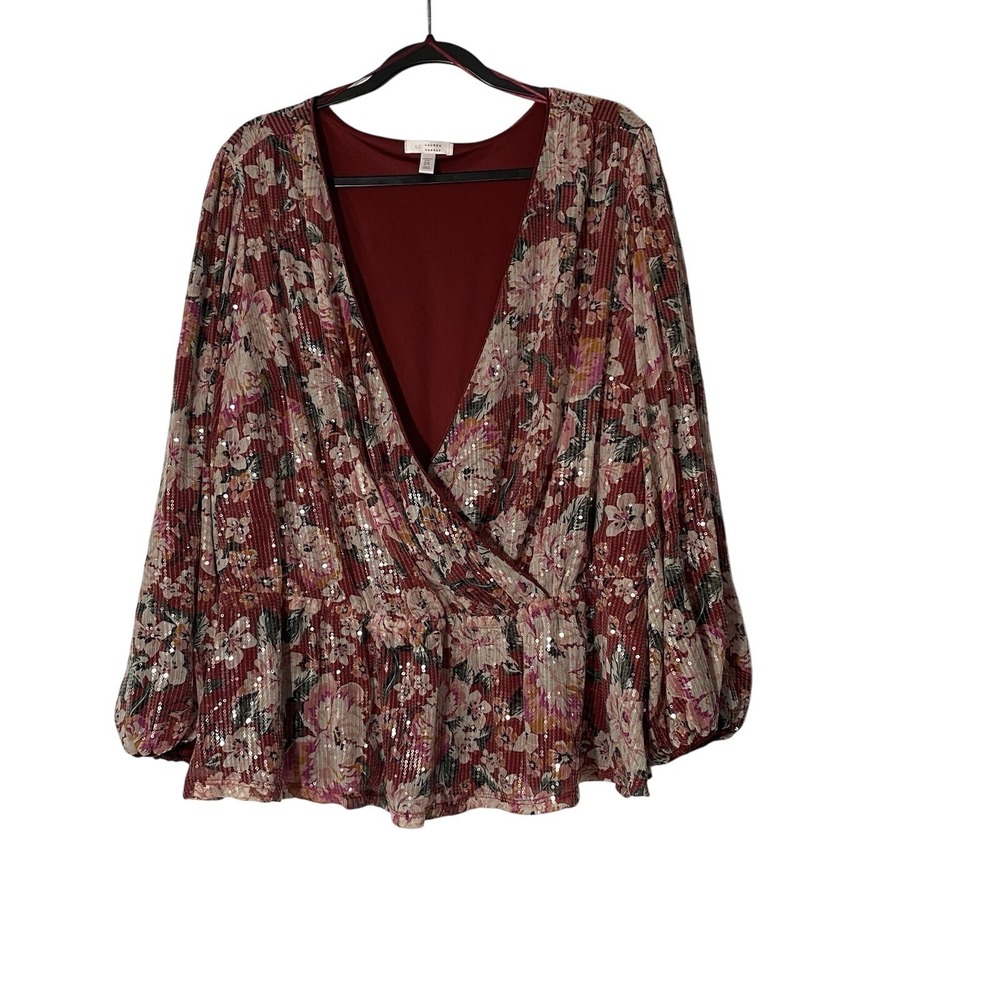 Lauren Conrad Plus Size 2x Sequin Floral Blouse Crossover Wrap Top Dressy
